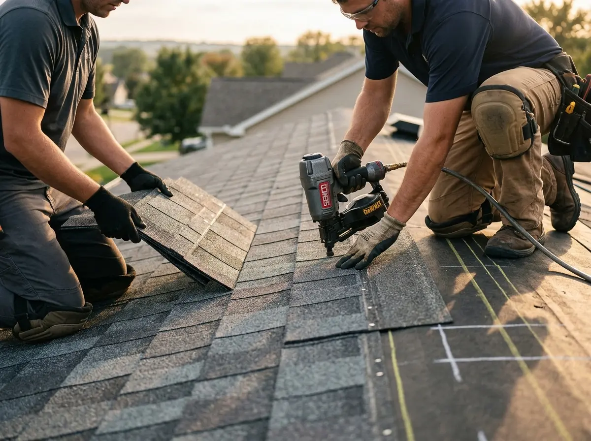 Professional roofer working on a residential roof in Aztec